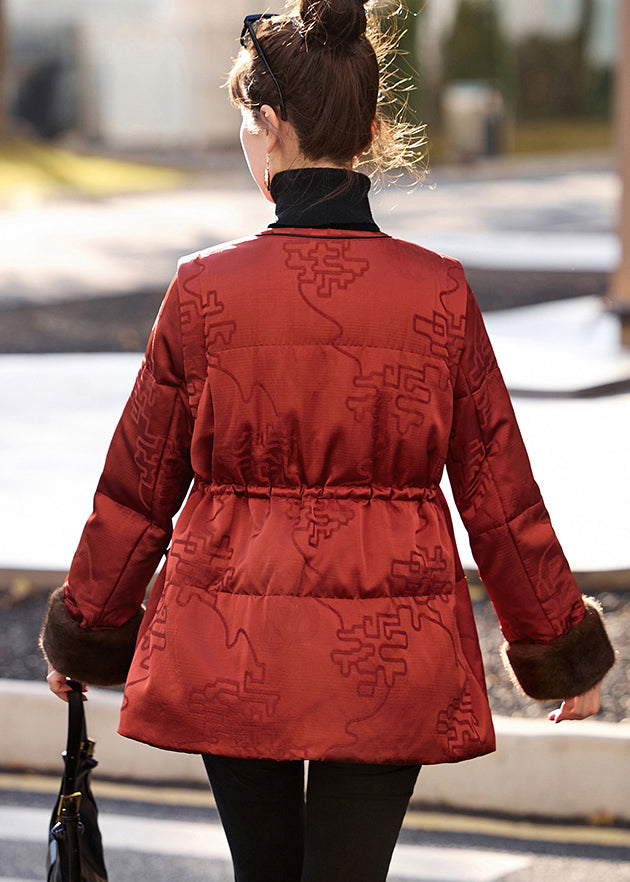 Red Cinched Print Duck Down Puffer Jacket Winter