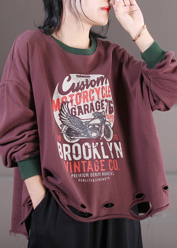 Red Chocolate Colour O-neck Alphabet Print Cotton Sweatshirt Fall