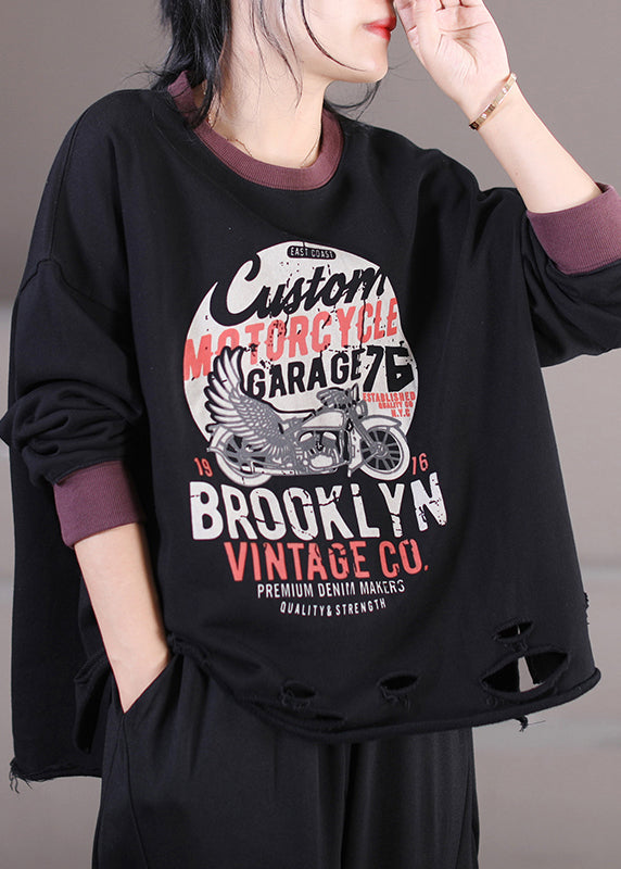 Red Chocolate Colour O-neck Alphabet Print Cotton Sweatshirt Fall