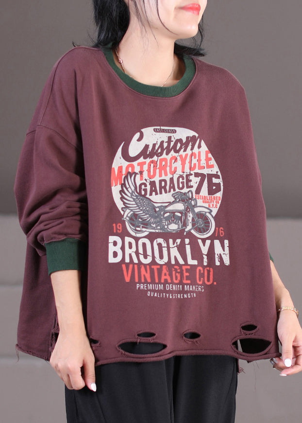 Red Chocolate Colour O-neck Alphabet Print Cotton Sweatshirt Fall