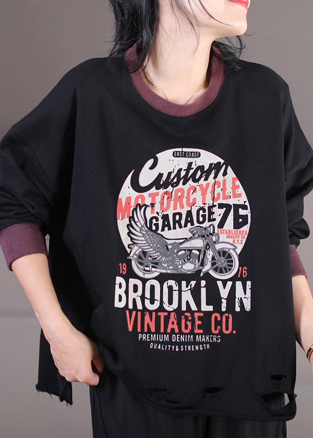 Red Chocolate Colour O-neck Alphabet Print Cotton Sweatshirt Fall