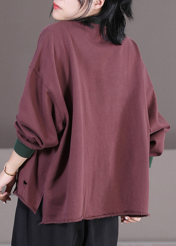 Red Chocolate Colour O-neck Alphabet Print Cotton Sweatshirt Fall