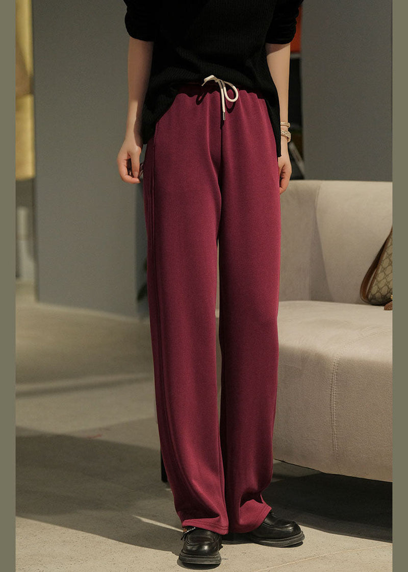 Red Elastic Waist Pockets Cotton Pants Fall