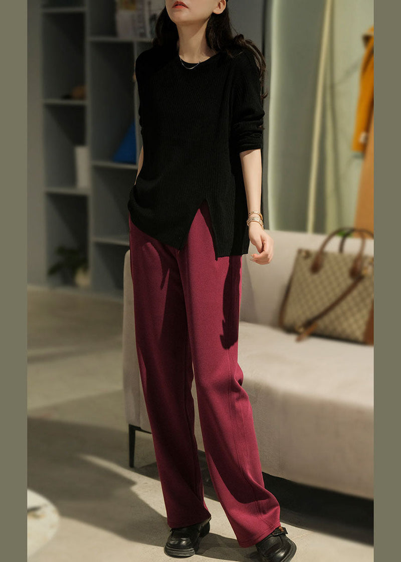 Red Elastic Waist Pockets Cotton Pants Fall