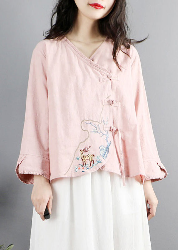 Red Embroidered Button Cotton Shirt Long Sleeve