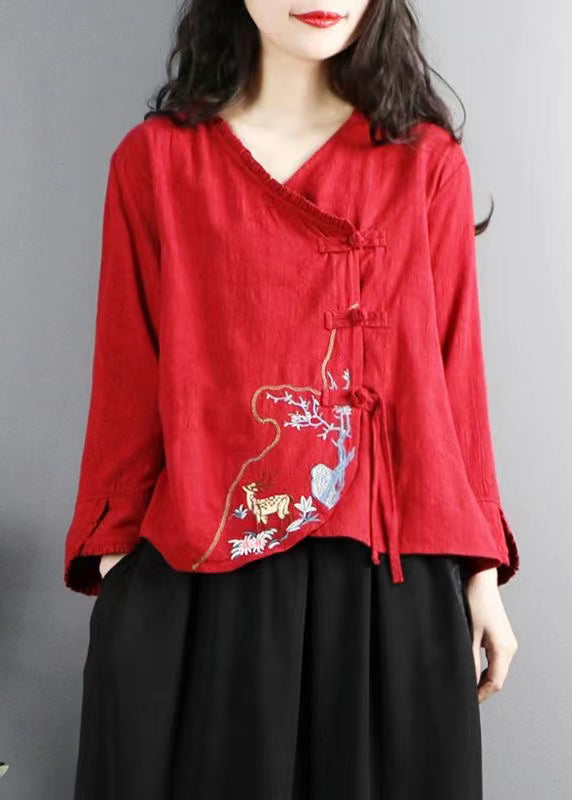 Red Embroidered Button Cotton Shirt Long Sleeve