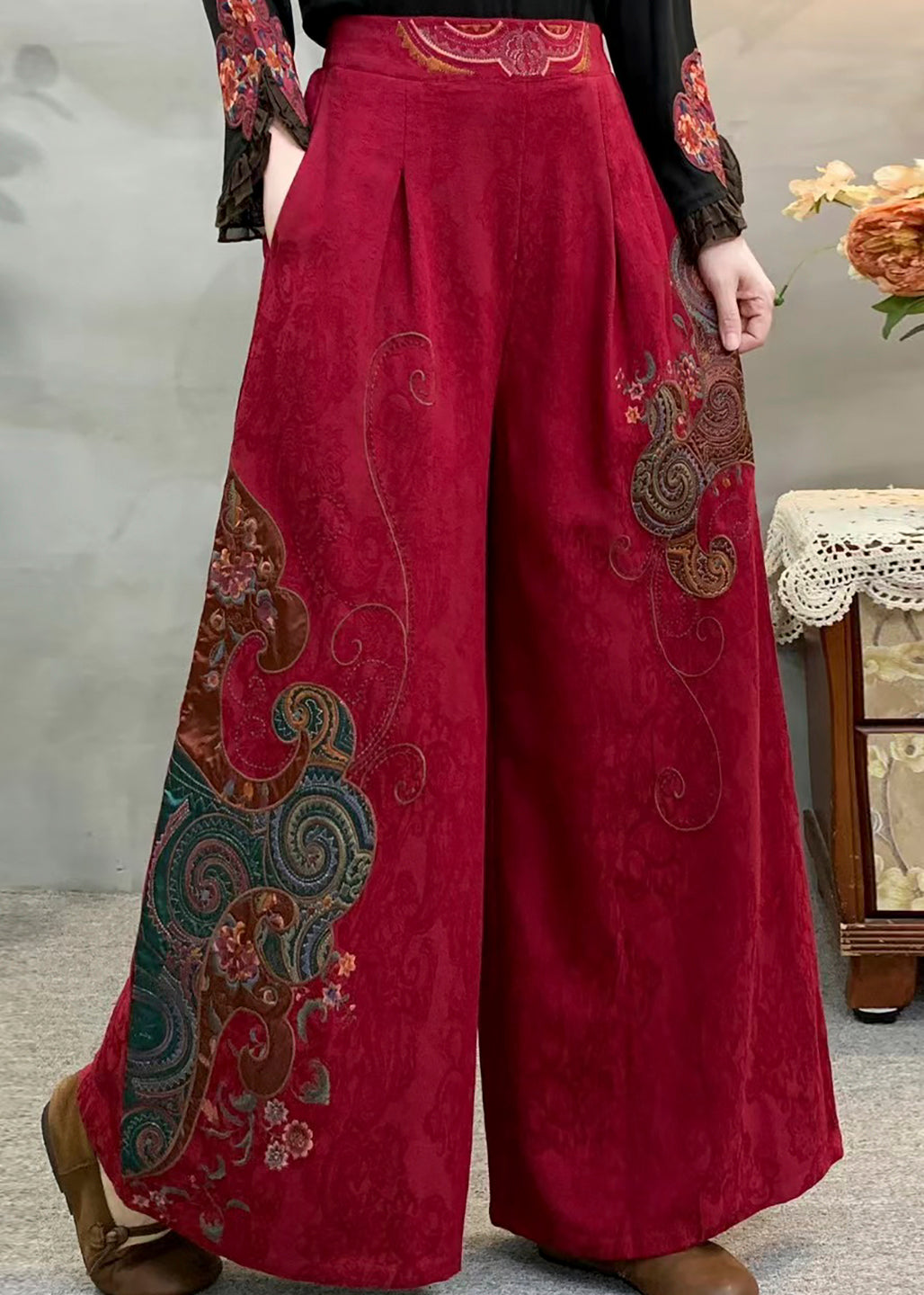 Red Embroidered Pockets Warm Fleece Pants Winter