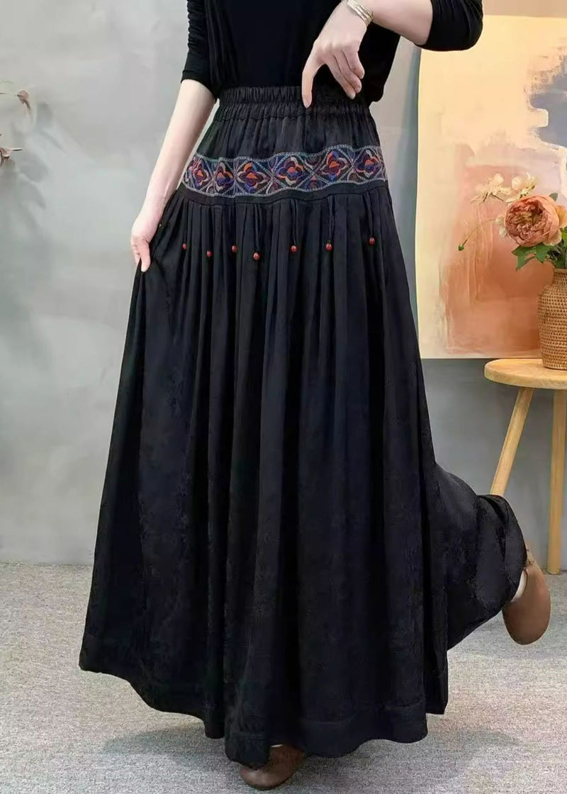 Red Embroidered Wrinkled Pockets Jacquard Silk Skirt Fall
