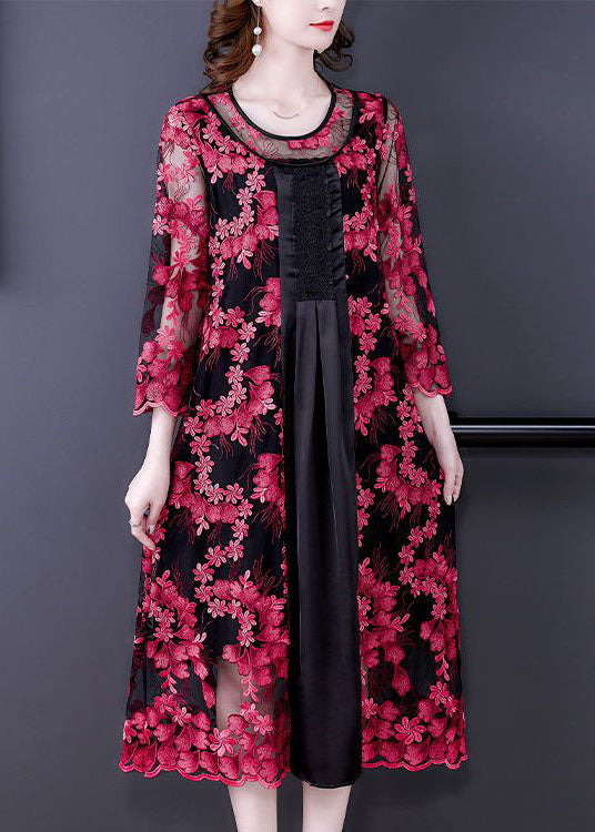 Red Embroideried Hollow Out Patchwork Tulle Dresses Bracelet Sleeve