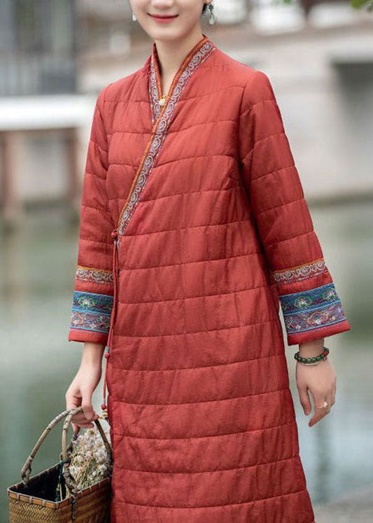 Red Embroideried Oriental Button Fine Cotton Filled Dress Winter