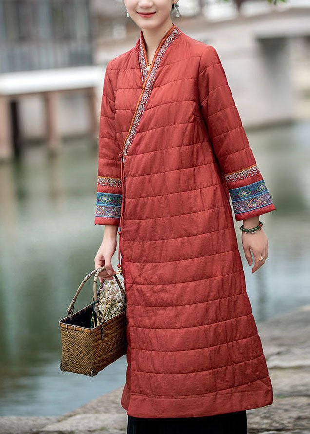 Red Embroideried Oriental Button Fine Cotton Filled Dress Winter