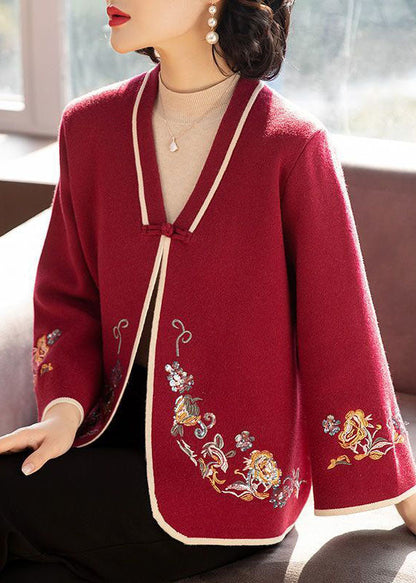 Red Embroideried Oriental Button Woolen Coats Long Sleeve