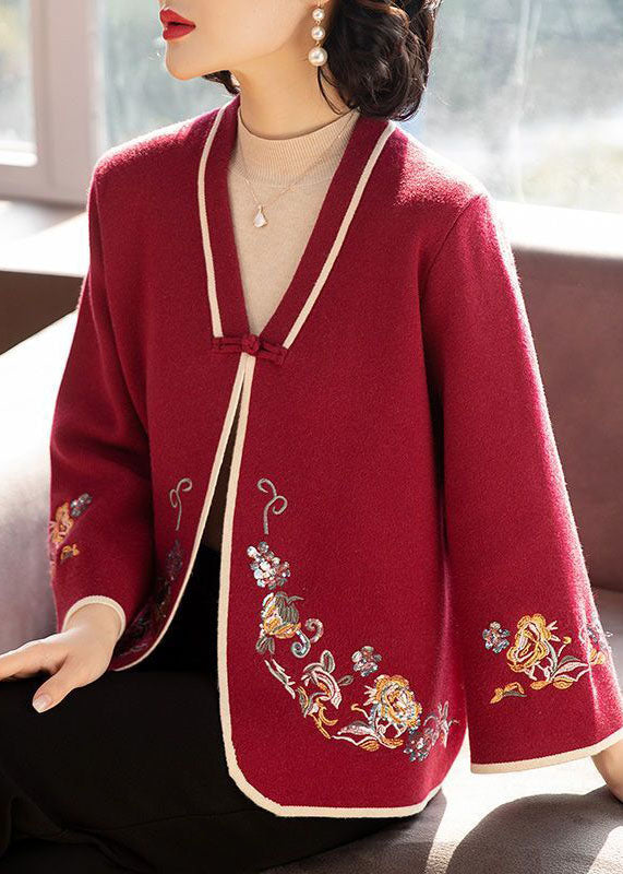 Red Embroideried Oriental Button Woolen Coats Long Sleeve