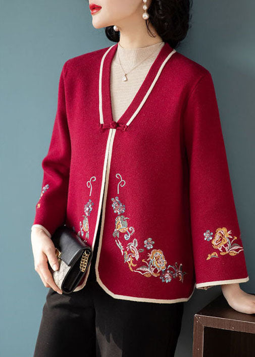 Red Embroideried Oriental Button Woolen Coats Long Sleeve