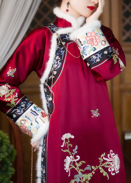 Red Faux Fur Collar Embroideried Button Side Open Thick Silk Cheongsam Long Sleeve