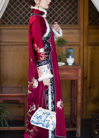 Red Faux Fur Collar Embroideried Button Side Open Thick Silk Cheongsam Long Sleeve