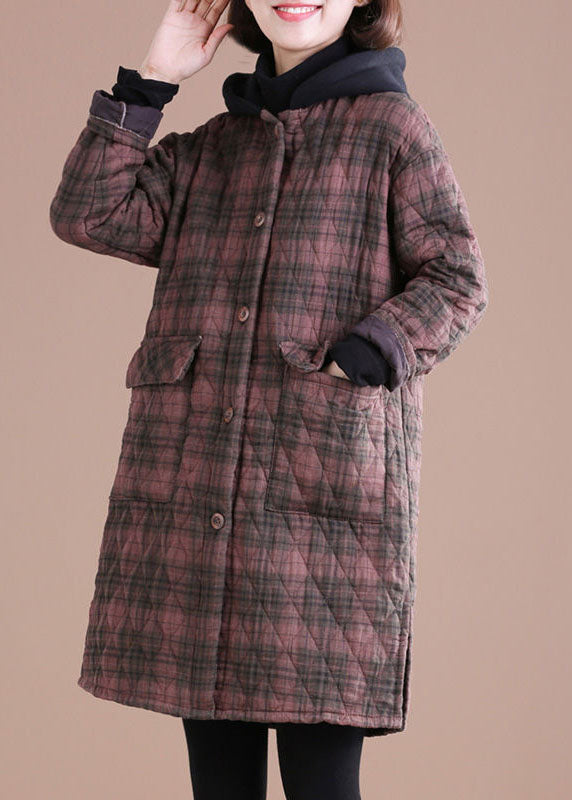 Red Hooded Plaid Side Open Fine Cotton Filled Jacket in Winter