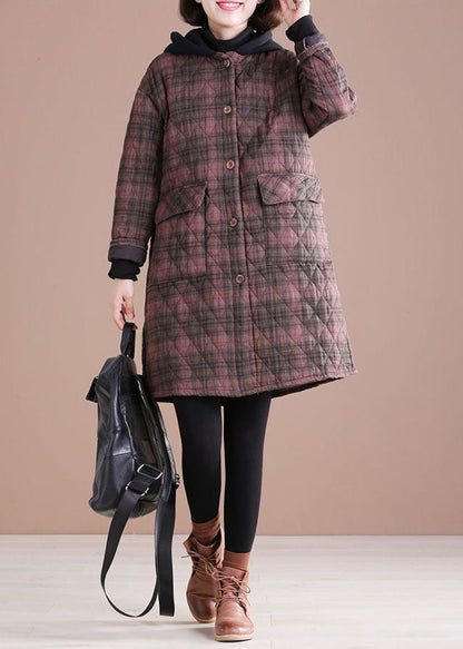Red Hooded Plaid Side Open Fine Cotton Filled Jacket in Winter
