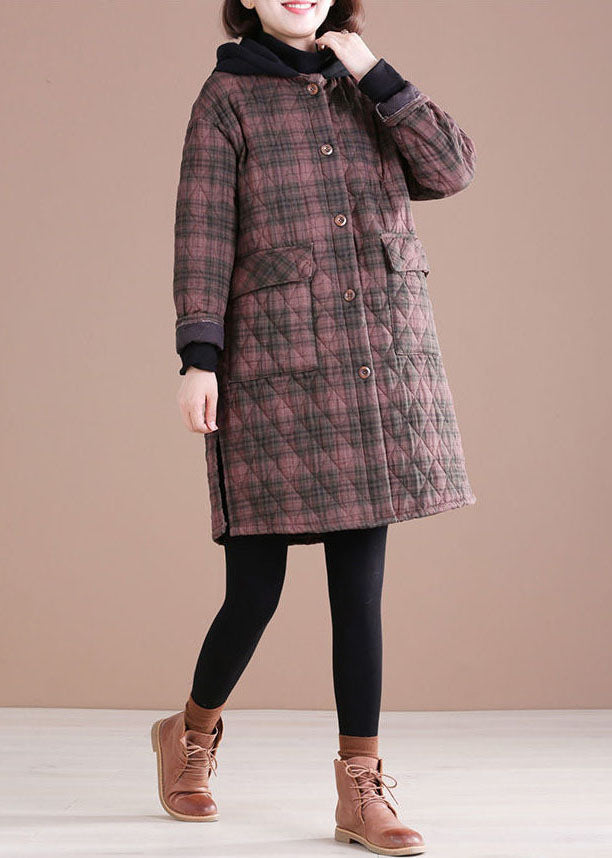 Red Hooded Plaid Side Open Fine Cotton Filled Jacket in Winter