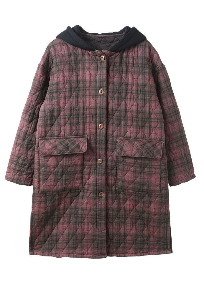 Red Hooded Plaid Side Open Fine Cotton Filled Jacket in Winter