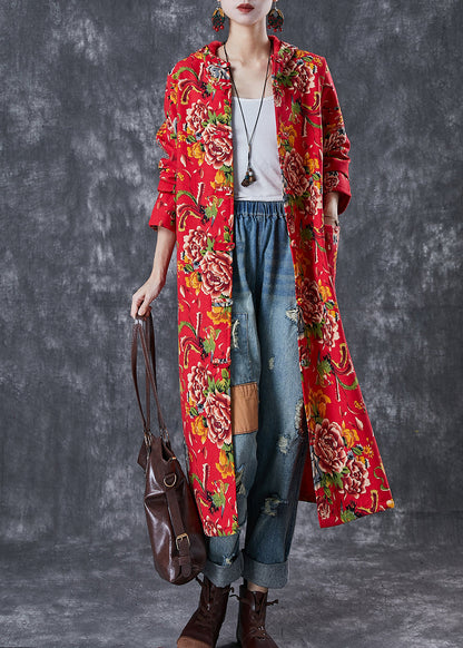 Red Hooded Print Warm Fleece Trench Coat Winter