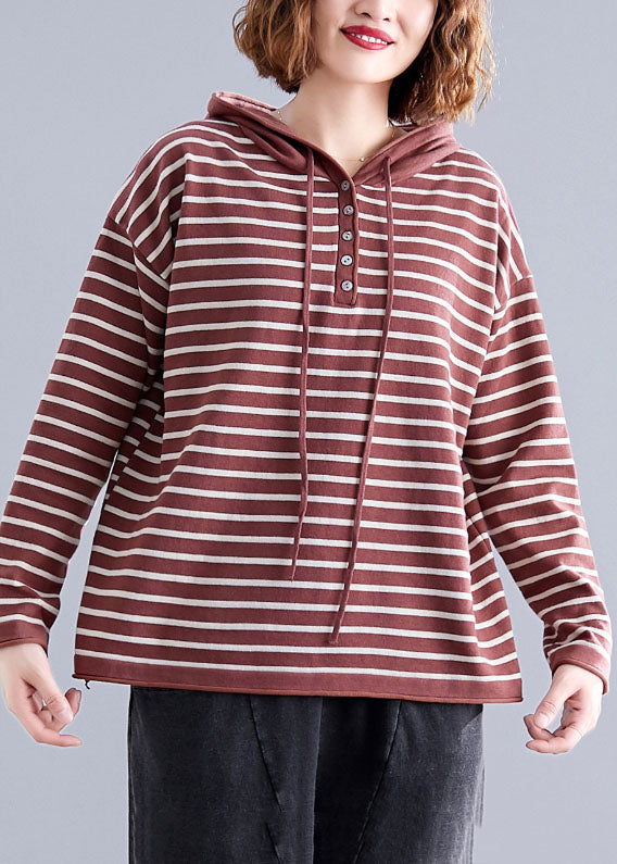 Red Hooded Striped Cotton Loose Sweatshirts Top Spring