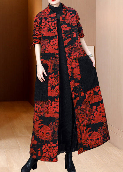 Red Jacquard Pockets Fine Cotton Filled Coat Winter