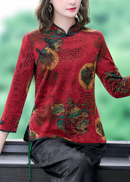 Red Mandarin Collar Chinese Button Print Silk Shirt Top Bracelet Sleeve