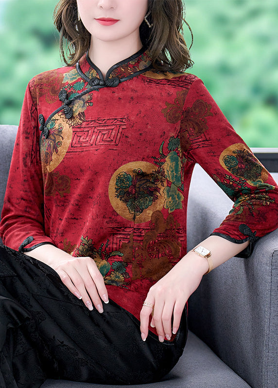Red Mandarin Collar Chinese Button Print Silk Shirt Top Bracelet Sleeve