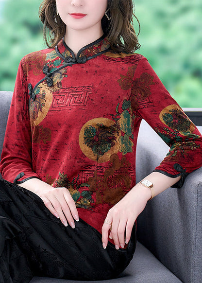 Red Mandarin Collar Chinese Button Print Silk Shirt Top Bracelet Sleeve