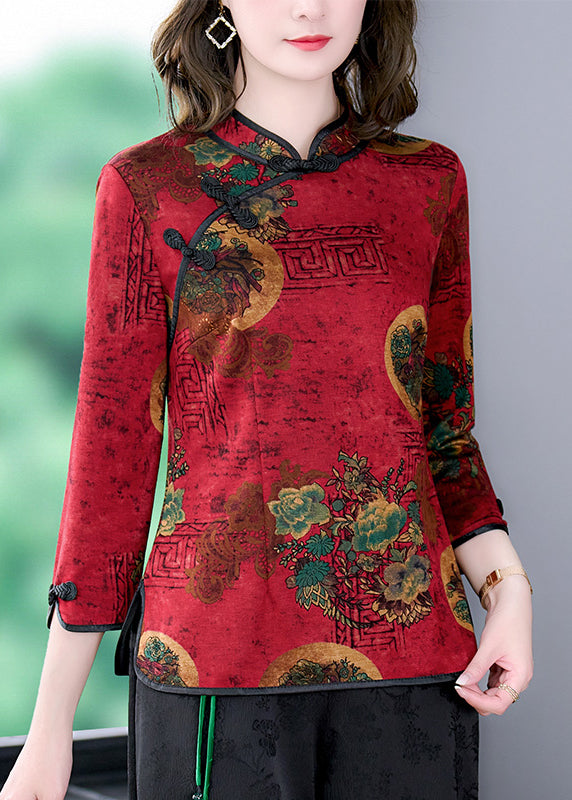 Red Mandarin Collar Chinese Button Print Silk Shirt Top Bracelet Sleeve
