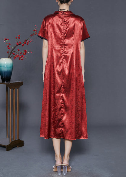 Red Mandarin Collar Embroidered Silk Dresses Summer