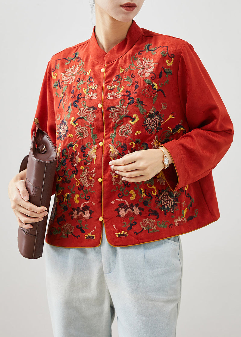 Red Mandarin Collar Embroidered Silk Shirt Top Fall