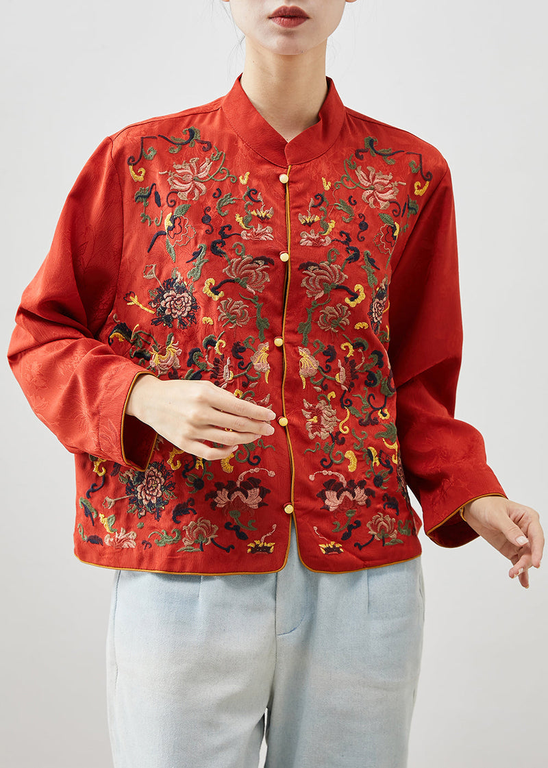 Red Mandarin Collar Embroidered Silk Shirt Top Fall