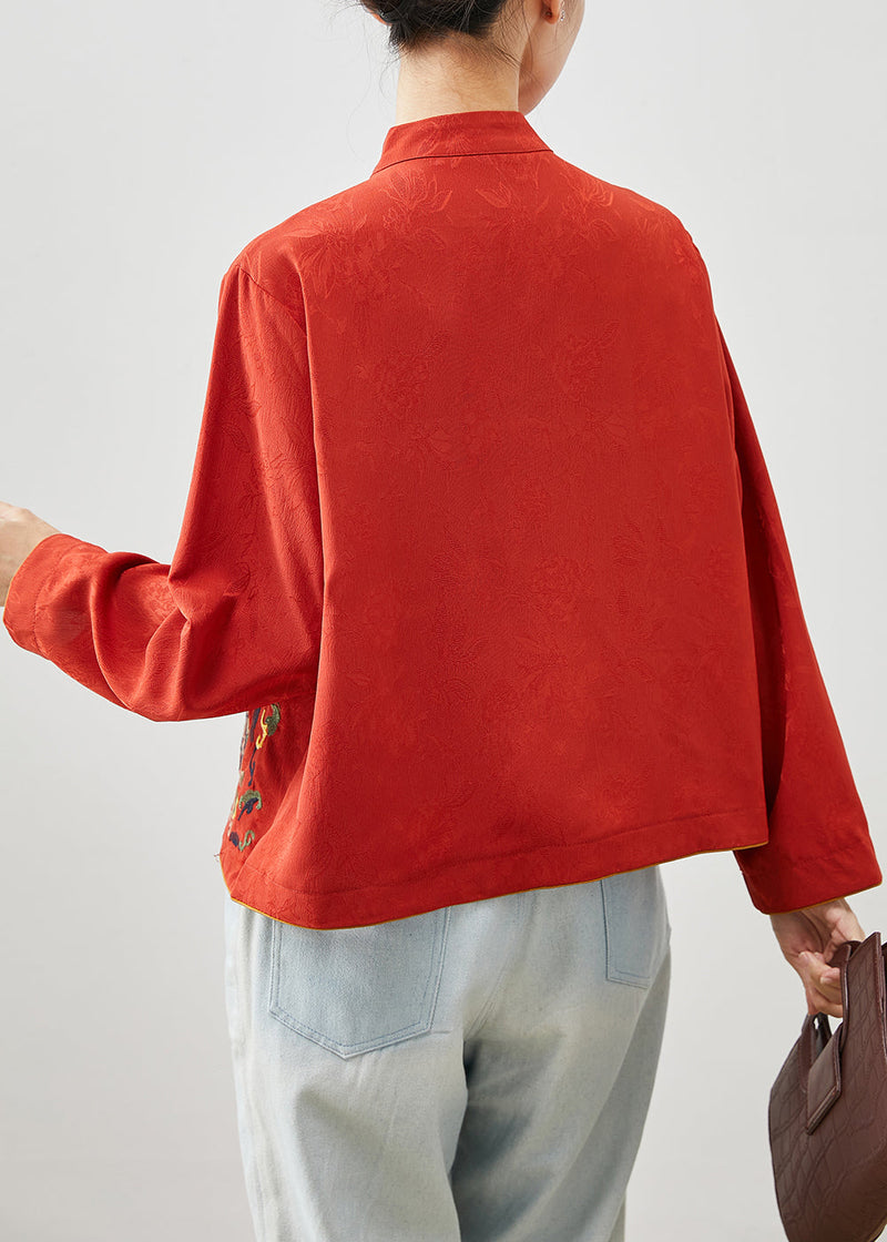 Red Mandarin Collar Embroidered Silk Shirt Top Fall