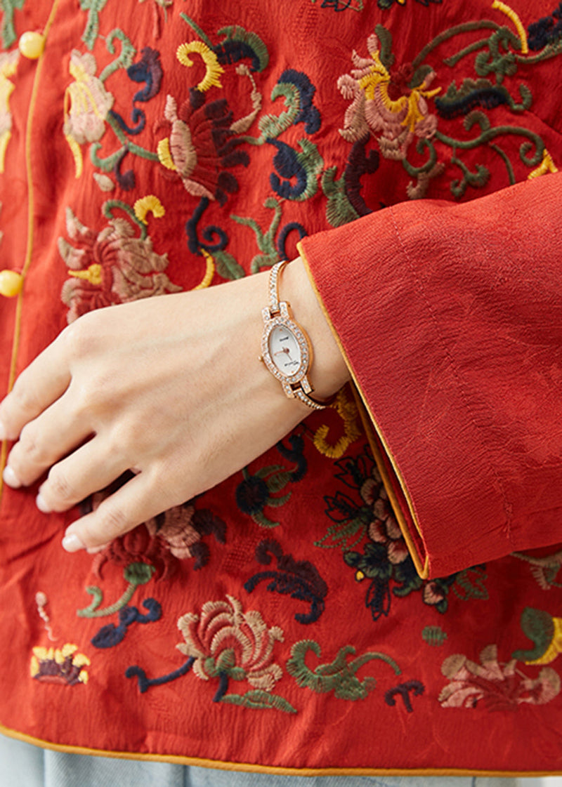 Red Mandarin Collar Embroidered Silk Shirt Top Fall