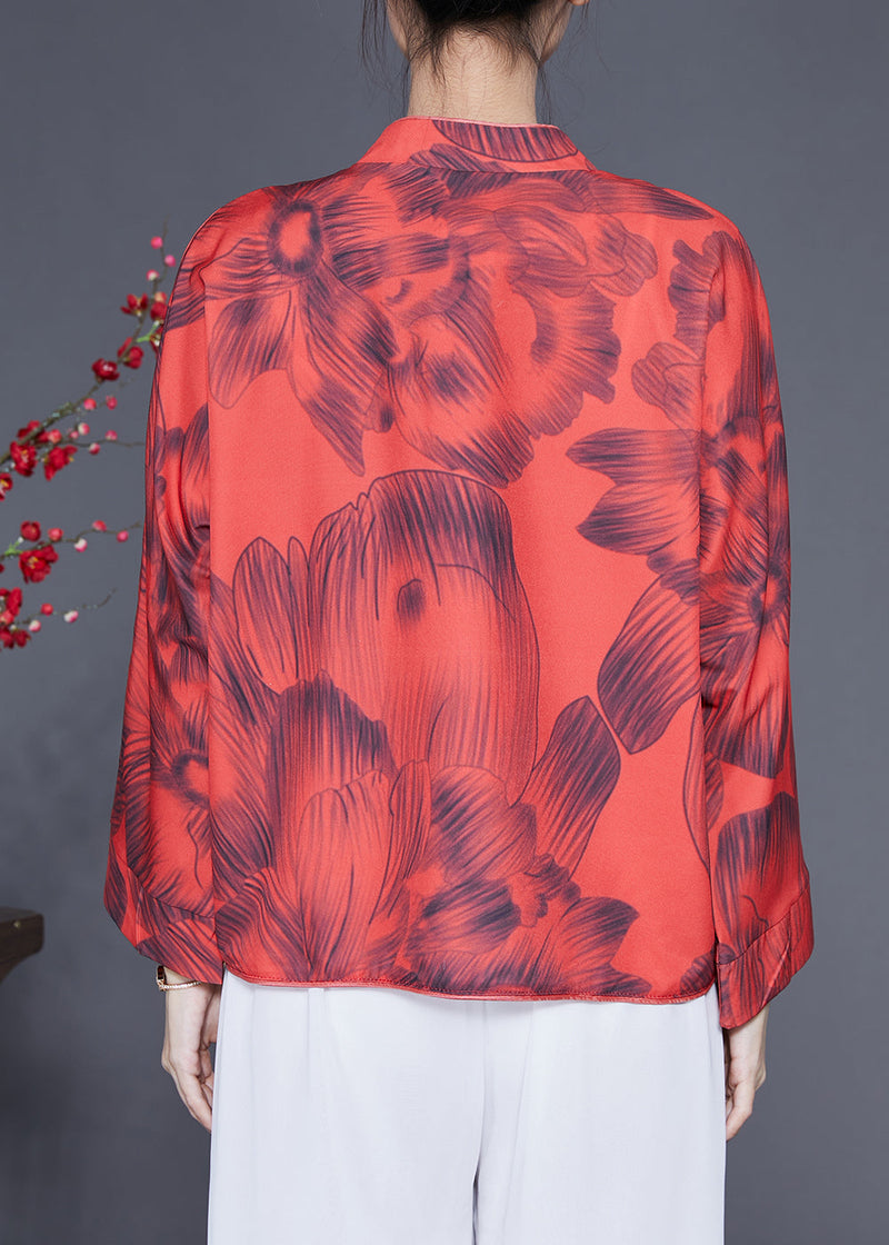 Red Mandarin Collar Print Chinese Button Silk Jacket Spring