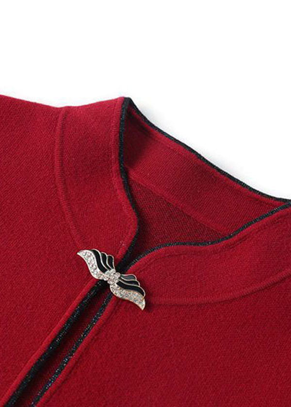 Red Mandarin Collar Print Woolen Coats Bracelet Sleeve