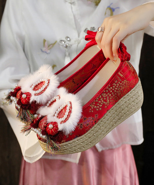Red Nail Bead Platform Embroidery Shoes