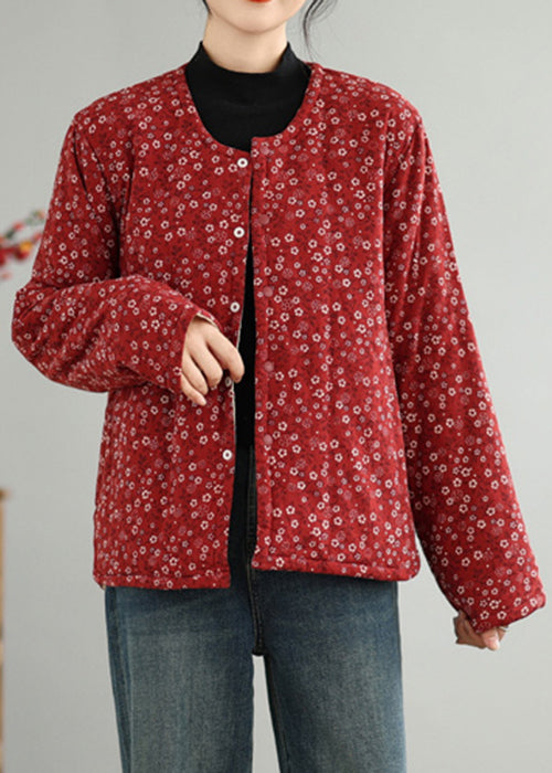 Red O Neck Button Print Thick Coats Winter