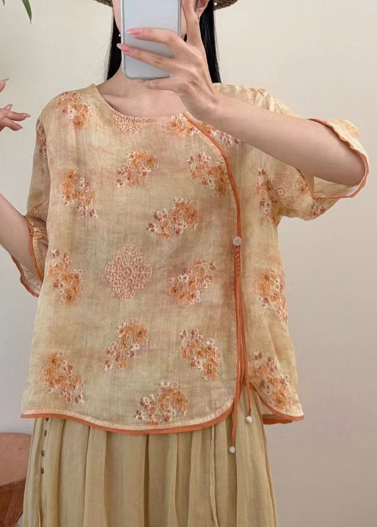 Red O Neck Embroidered Linen Blouse Tops Summer