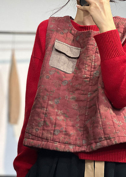 Red O-neck Patchwork Pocket Fine Cotton Filled Vest Tops Winter