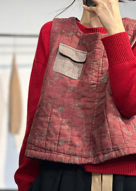 Red O-neck Patchwork Pocket Fine Cotton Filled Vest Tops Winter