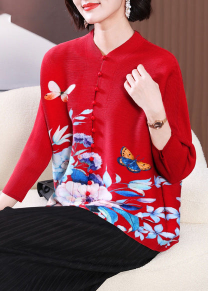Vintage Red O-Neck Print Button Tops Fall