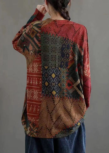 Red O Neck Print Cozy Mink Hair Knitted Sweaters Long Sleeve