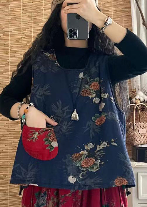 Red O-neck Print Fine Cotton Filled Vest Sleeveless