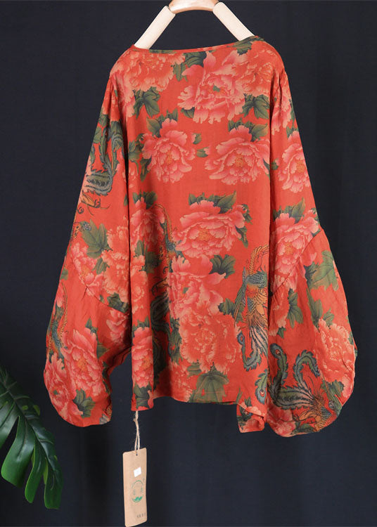 Red O Neck Print Patchwork Linen T Shirt Top Spring
