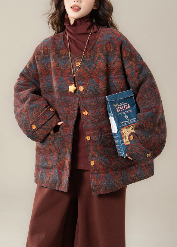 Red O Neck Print Pockets Cotton Filled Parkas Winter