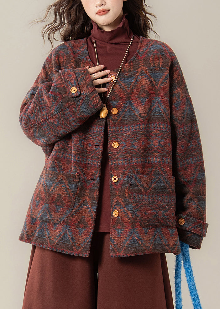 Red O Neck Print Pockets Cotton Filled Parkas Winter
