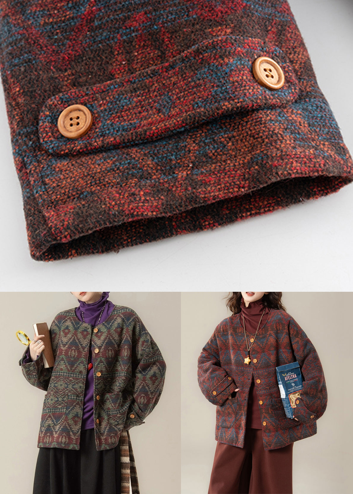 Red O Neck Print Pockets Cotton Filled Parkas Winter